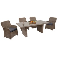 Mendler Poly-Rattan Garnitur HWC-E98, Balkon-/Garten-/Lounge-Set Sitzgruppe, Spun Poly halbrundes Rattan beige Kissen grau