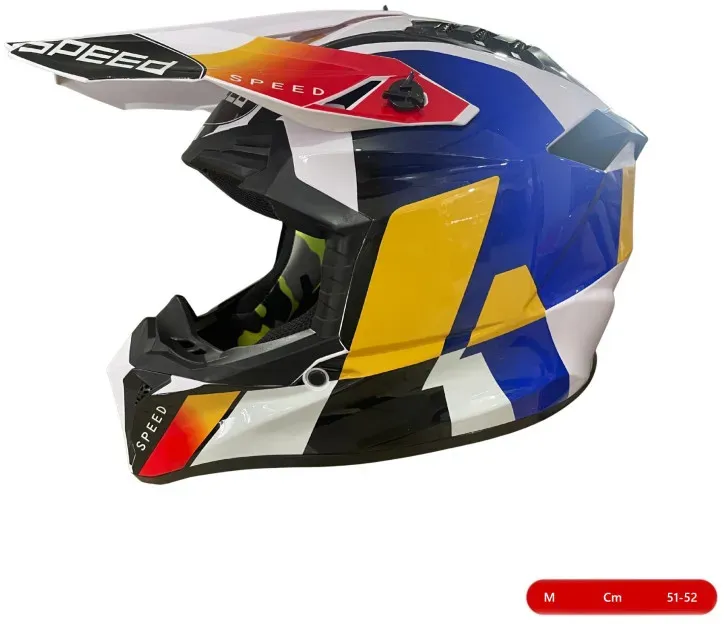 Motocross- und Enduro-Helm für Motorrad, ATV, Fahrrad – Größe M (51–52 cm), weiß mit gelb-blauem Design