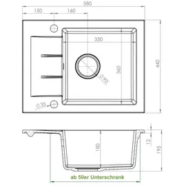 Manestein Granitspüle schwarz links Einbauspüle 76 x 44 mm Handbetätigung