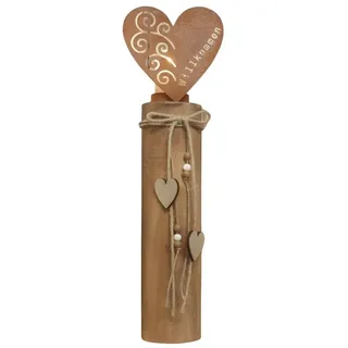 Dekoleidenschaft Windlichtsäule Herz aus Holz & Metall mit Echtrost, 44 cm hoch, Holzsäule, Dekosäule mit Kerzenglas, Bodenwindlicht, Kerzensäule mit Glas-Windlicht