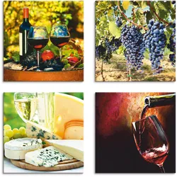 Artland Leinwandbild »Gläser Rotwein, Trauben, Käse«, Getränke, (4 St.), 4er Set, verschiedene Größen Artland Farbe Bild(er): rot