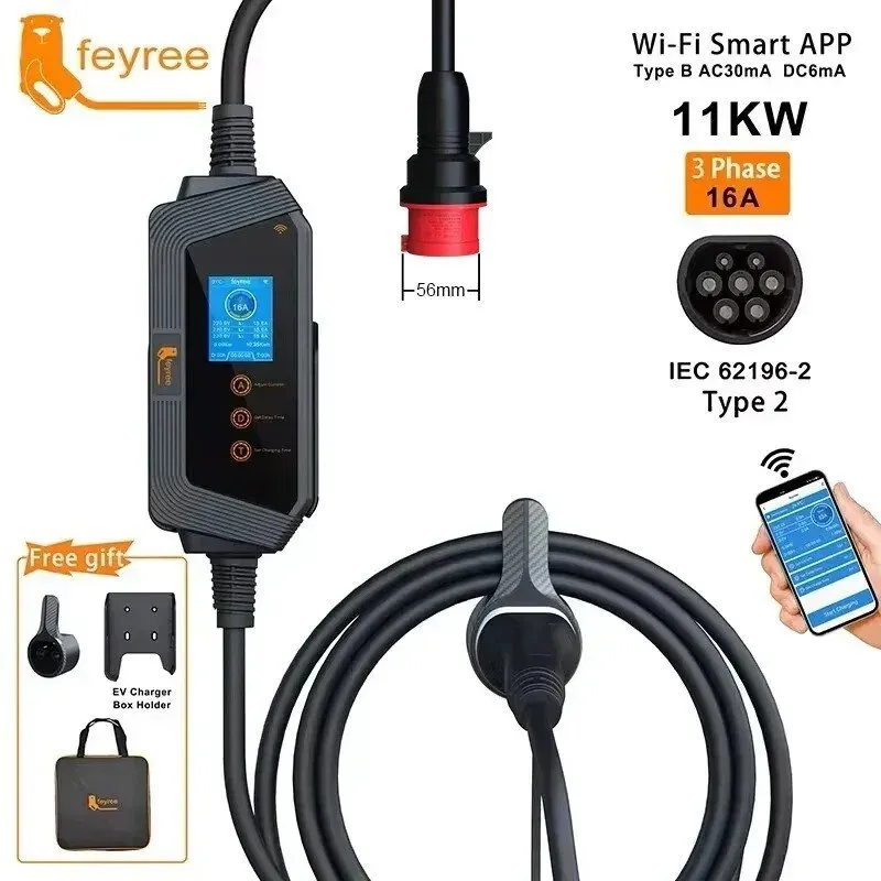 feyree Typ 2 tragbarer Kabel‐EV‐Ladegerät, 11 kW, 16 A, 3‐polig, WLAN‐App‐Steuerung, EVSE‐Ladestation, CEE‐Stecker für Elektroauto