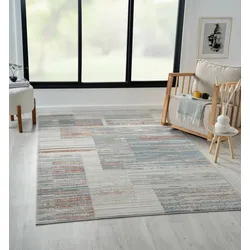 Teppich "My Colors", blau (creme, blau, weiß), B:160cm H:8mm L:230cm, Polyester, MYFLAIR MÖBEL & ACCESSOIRES, Teppiche, Kurzflor, Retro-Design, besonders weich durch Microfaser