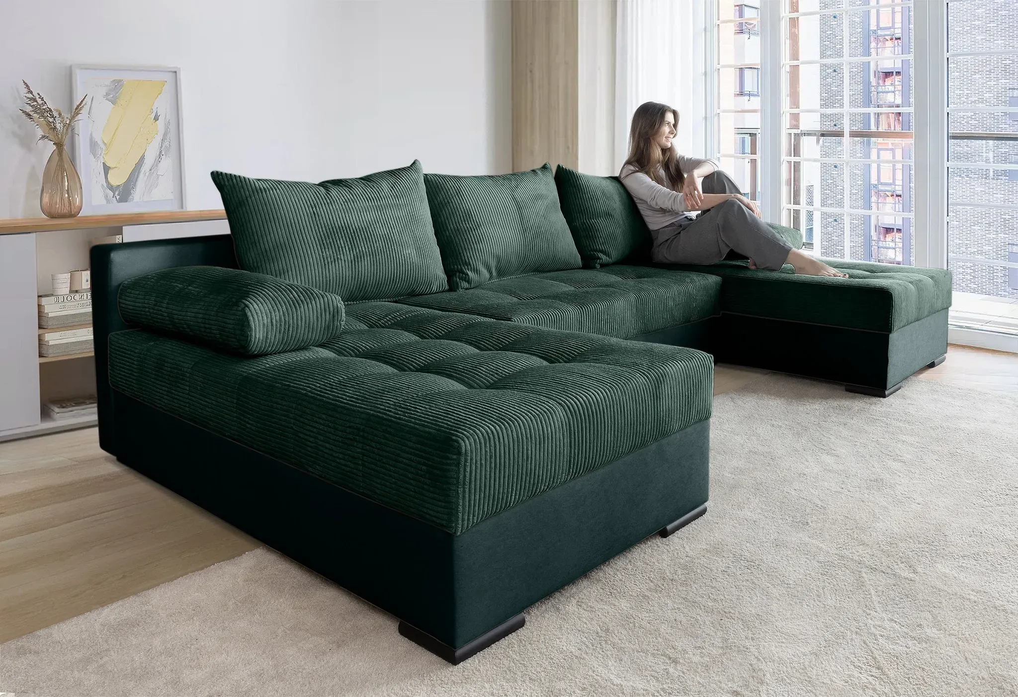 Wohnlandschaft INOSIGN "Josy U-Form, Breite 269 cm, Flachgewebe, Struktur, Kunstleder", grün (flaschengrün), B:269cm H:41cm T:161cm, 100%Polyester, Sofas, inkl. Bettfunktion, Bettkasten, mit 3 gleich großen Rückenkissen, Topseller