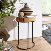 FineBuy Beistelltisch Akazie Massiv-Holz Wohnzimmer-Tisch Metallbeine Landhaus-Stil Baumstamm-Form Echt-Holz Braun