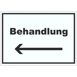 Behandlung Aufkleber mit Text und Richtungspfeil links Behandlungsraum waagerecht A9 (37x52mm)