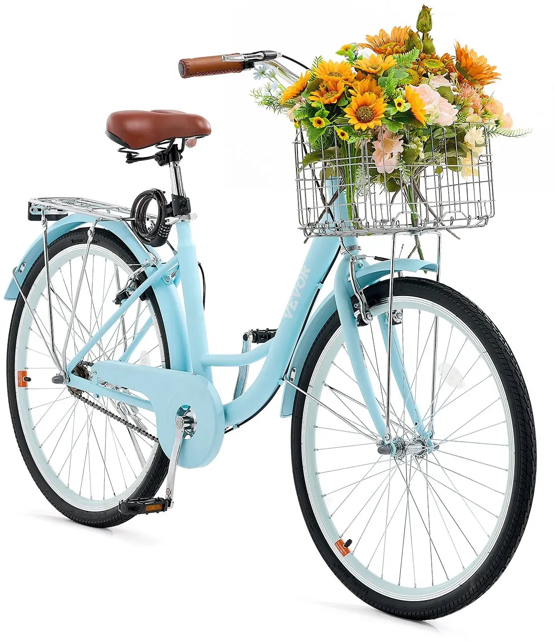 VEVOR Cruiser Fahrrad (Reifendurchmesser 660,4 mm) Beach Fahrrad mit großem Korb & Gepäckträger, Cruiser-Fahrrad mit verstellbarem Sitz, für Radfahren & Trainieren & Einkaufen Hellblau