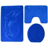 Ilkadim Delphin Badgarnitur 3 TLG. Set 55x85 cm einfarbig, WC Vorleger mit Ausschnitt für Stand-WC (royal blau)