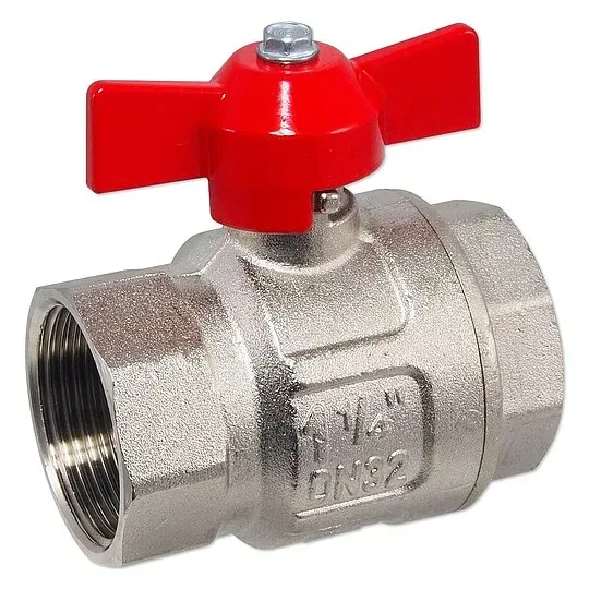 Kugelhahn 1 1/4'' IG x 1 1/4'' IG - DN 32 - Messing vernickelt - mit Flügelgriff rot - voller Durchgang