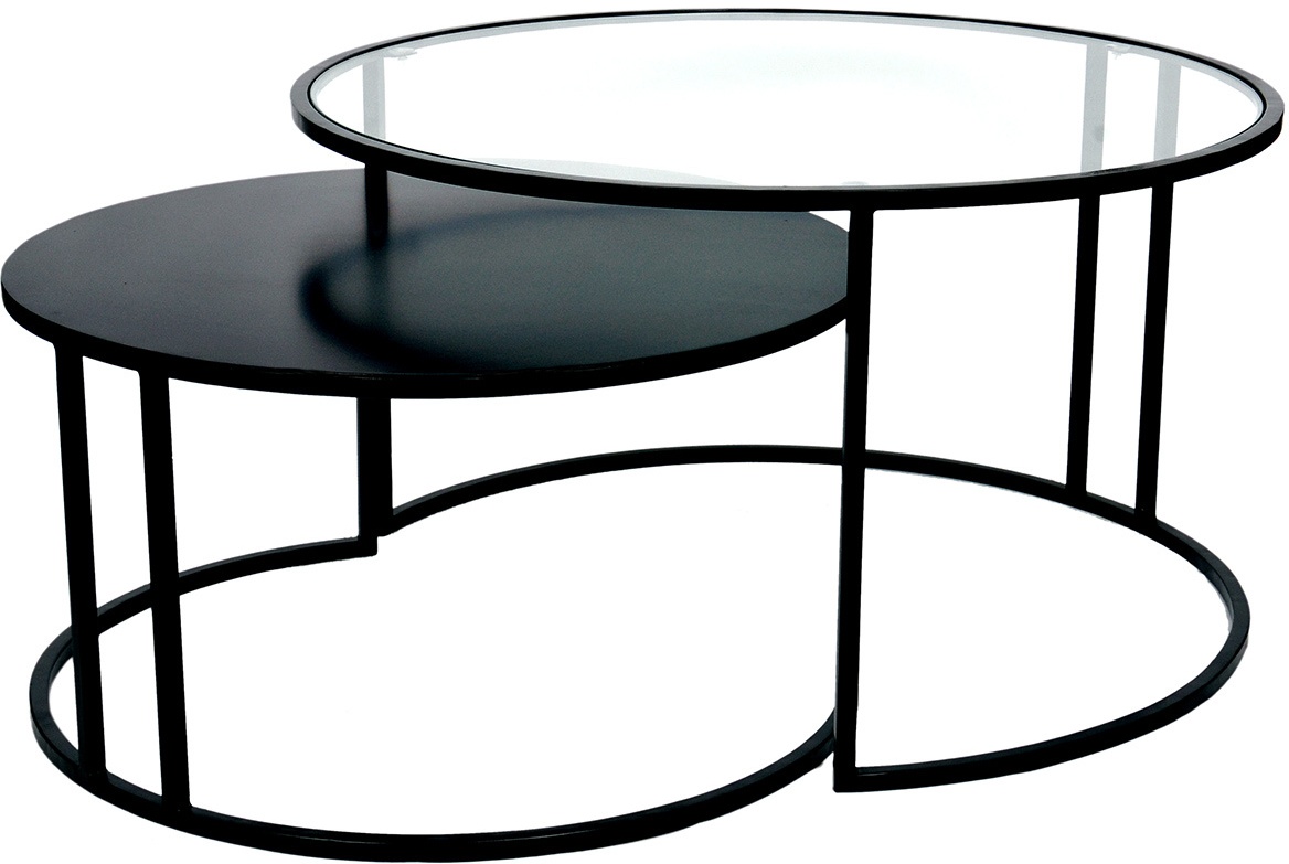 Tables basses gigognes rondes design verre trempé et métal noir TAHL (lot de 2)