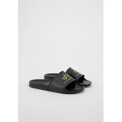 Badeschuh ALPHA INDUSTRIES "Alpha Industries Accessoires - Beachwear Alpha Slider", Herren, Gr. 38, schwarz (schwarz, gelb gold), Schuhe Badelatschen Pantolette