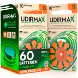 60 Batterien für Hörgeräte Udirmax Größe 13 Orange PR48 Öko-Pack Zink-Luft mit Dynamic Sonar Technologie - 6 umweltfreundliche Blisterpackungen mit 10 Hörgerätebatterien