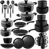 Tectake tectake® Küchenstarterset, Geschirrset aus Steingut, mit Glasur, hitzebeständig und kratzfest, inklusive 5 Küchenwerkzeugen