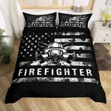 Feuerwehr Bettbezug Set S Größe,Retro amerikanische Flagge Patriotische USA Flagge Bettwäsche Mädchen Jungen Erwachsene,Feuerwehr LKW Tröster Abdeckung,Schwarz Grau Camo Quilt Cover,1 Kissenbezug