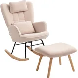 Schaukelstuhl Mit Fußhocker, Weicher Fleece-bezug, Holzbeine, Kissen, Hohe Rückenlehne, Schaukelsessel, Beige