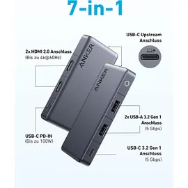 Anker 343 USB C Hub (7-in-1) mit 100W Power Delivery, Dual 4K HDMI Anschlüssen, 1x USB-C Upstream Port, 3X 5 Gbps USB-A und USB-C Data Ports für Dell Laptop, ThinkPad und weitere
