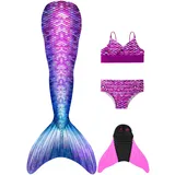 FOLOEO Meerjungfrauenflosse Mädchen Kinder Meerjungfrauenschwanz Zum Schwimmen mit Meerjungfrau Flosse und Bikini Set(4 Stück Set) - 150