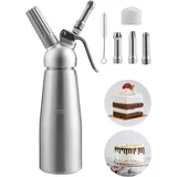 Vingo - Sahnespender 0,5 l Aluminium Sahnesyphon Mit 3 Edelstahl Deko-Düsen und Reinigungbürste für die Zubereitung von Schlagsahne, Creme, Mousse