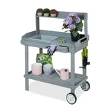 Relaxdays Pflanztisch mit Rollen & Schublade, Gartenarbeitstisch, Holz, Kunststoff, HBT: 120 cm, grau