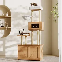 soweiz Katzenturm & Kratzbaum– All-in-One-Katzenmöbel mit großer Plattform, Futterstation, 1 Hängematte und Katzenkloschrank (ohne Katzenklo), Nussbaumfarben, 80×50×173 cm