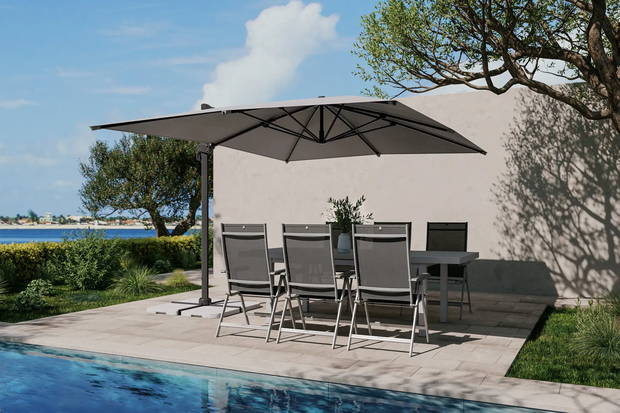 OUTFLEXX Almeria Gartenmöbel-Set Essgruppe inkl. Ampelschirm, anthrazit/silber, Alu/Textilene/Textilene, 180/240 x 100 cm, ausziehbar, klappbar, UV-beständig