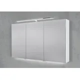 Intarbad Badezimmerspiegelschrank 3-türiger Spiegelschrank mit schmaler MULTI LED Aufsatzleuchte dimmbar (Doppelspiegeltüren, Holz-/ Lackdekore, Maße von 120 bis 140 cm wählbar, Höhe 70 cm, Glasfachböden, Magnetleiste & Kosmetikspiegel Ø 12 cm) Vormontierte Lieferung, Floatglas, 160 kg Traglast, Made in Germany weiß 120 cm x 70 cm x 13,5 cm