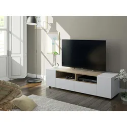 Dmora TV-Ständer Topeka, Wohnzimmer TV-Sideboard, Moderner Fernsehständer, Niedriges Mehrzweck-Sideboard, 138x42h36 cm, Weiß und Eiche