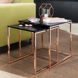 Kadima Design Couchtisch Set `Tronto`: 2 Tische, Gold-Look, Metallgestell, schwarze Glas/`Tronto`-Platte, 40/35x42/39x40/35 cm. Bronze, 40x40x42 cm