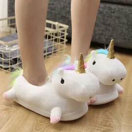 Kruzzel Regenbogen Einhorn Hausschuhe One Size Anti-Rutsch Sohle Waschbar Plüschpantoffeln Kinder Erwachsene Damen 21923
