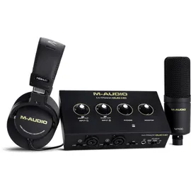 M-Audio M-Track Duo HD Audio Interface, M100 Kondensatormikrofon und HDH41 Studio Monitoring Kopfhörer für Aufnahmen, Produzenten, Content-Ersteller und Podcaster