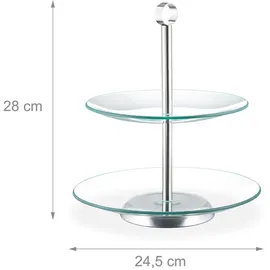 Relaxdays Etagere, 2-stöckig, rund, Cupcakes, Kekse, Snacks, Obst, Glas, Edelstahl, Servierständer, transparent/silber, 28 cm