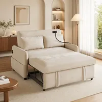 Merax Schlafsofa 2-Sitzer Sofa mit Schlaffunktion, Klappbares 3-in-1 Schlafcouch mit Verstellbarer Rückenlehne, USB-Anschlüssen und Handyhalter, aus Chenille, Beige 129 x 76 x 81 cm