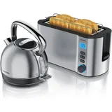 Arendo Frühstücks Set Edelstahl Wasserkocher 1,7l, Retro-Design & 4-Scheiben Langschlitz Toaster, Edelstahl, Wasserkocher, Silber