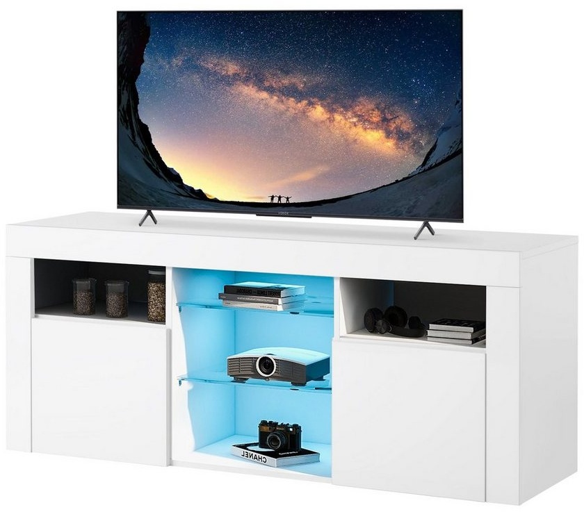 Merax Lowboard mit 2 Glasablagen und 2 Schubkästen, TV-Schrank mit 16 Farben LED-Beleuchtung, Breite 120cm weiß