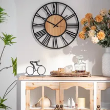 wall-art K&L Wall Art Ø 40cm große Wanduhr XL Industrielle Metall Holzuhr Vintage Wohnzimmeruhr lautlos Quartz Uhrwerk ohne Tick-Geräusche