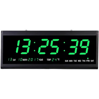 HauTour Digitale Wanduhr LED Großdisplay mit Temperaturanzeige und Datum, Woche Digital Uhr Netzbetrieben 12/24H 48 * 19 * 3cm für Schlafzimmer Home Office (Grün)