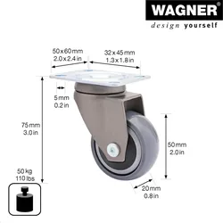 WAGNER Design - 3C Lenkrolle soft - Durchmesser Ø 50 mm, Kugellager, grau, Tragkraft 50 kg - 01225301