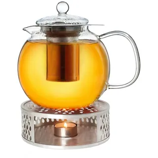 Creano Teekanne 1,7l + EIN Stövchen aus Edelstahl, 3-teilige Glasteekanne mit integriertem Edelstahl Sieb und Glasdeckel, ideal zur Zubereitung von losen Tees, tropffrei