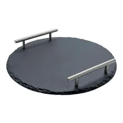 Airbrush-City Schiefer Buffet-Platte, Servierplatte, Schieferplatte, Käseplatte 30 cm rund mit Griff naturbelassen