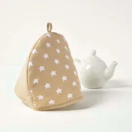 Homescapes Tea Cosy, – Stoff-Teewärmer Sterne beige, Design Teewärmer aus Baumwolle, isolierende Haube für Teekanne, Abdeckung für Tee- und Kaffeekannen