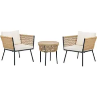 Beliani Balkonset 2 Stühle Couchtisch Sitzkissen Rückenkissen Hellbeige Stahlgestell Schwarz Gartenmöbelset Terasse Balkon