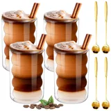 weiclianhp Latte Macchiato Gläser 4er Set, 400ML Cappuccino Gläser mit Löffeln und Untersetzern Doppelwandige Cappuccino Spiralförmig kaffeegläser, Latte, Tee, EIS, Iced Americano, Saft