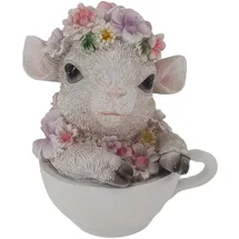 FD Dekofigur Schaf mit Blumen in Tasse 15 x 12,5 x 10,5 cm weiß rosa