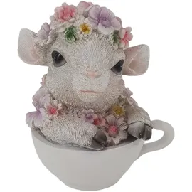 FD Dekofigur Schaf mit Blumen in Tasse 15 x 12,5 x 10,5 cm weiß rosa