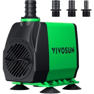 VIVOSUN 800GPH Tauchpumpe (3000L/H, 24W), ultraleise Springbrunnenpumpe mit 10 Fuß hoher Hubhöhe mit 6,5 Fuß Netzkabel, 3 Düsen für Fischtank, Teich, Aquarium, Statuen, Hydrokultur, Grün