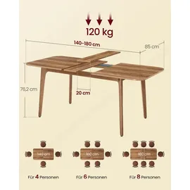 VASAGLE Esstisch 85 x 76,2 x 140/160/180 cm braun