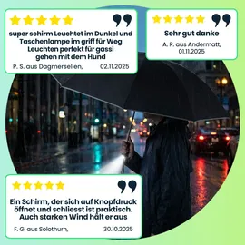 shop'n smile ideoon Faltbarer Regenschirm mit LED-Taschenlampe, Ø105 cm, schwarz: Ein perfekter Allwetter-Begleiter für Dunkelheit & Regenschauer