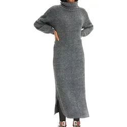 weiches Damen Midi-Kleid Basic-Kleid aus Boucle-Garn Langarm-Kleid 935820 Größe Größen Grau - 48/50