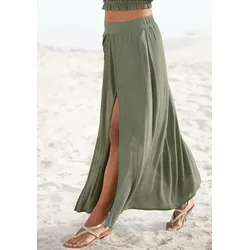 Maxirock LASCANA, Damen, Gr. 36, grün (khaki), Cru00eape, Obermaterial: 100% Viskose, unifarben, leicht transparent, modisch, figurumspielend knöchellang, Röcke, mit besonderem Schnitt, langer Rock mit Beinschlitz, Strandrock
