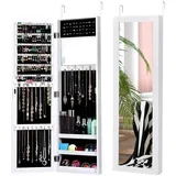 COSTWAY Schmuckschrank, mit Ganzkörperspiegel und eingebautem Schminkspiegel, Schmuck Spiegelschrank für Ohrringe, Ringe und Kettenhaken, Tür- / Wandmontage (Weiß)